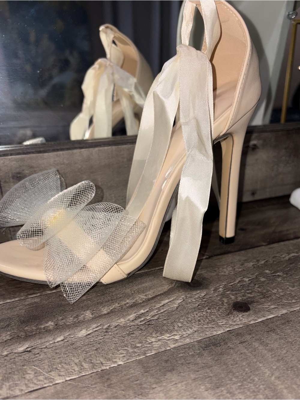 Tulle Mesh Bow Ankle Tie Stiletto Heels - Nude / Ivory - Size 37 (US 6.5) - Picture 6 of 11